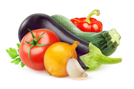 Fototapeta Isolated ratatouille ingredients. Various fresh vegetables (eggplant, zucchini, tomato, onion, pepper, garlic) isolated on white background