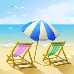 beach with sun umbrella and two lounge chairs