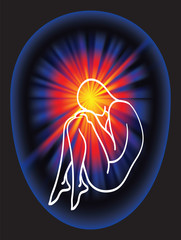 human in a fetal, crouching pose