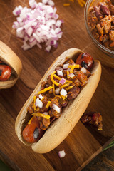 Homemade Hot Chili Dog with Cheddar Cheese