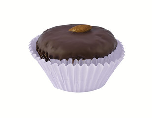 A chocolate cupcake isolated on white