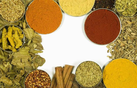 Herbs and spices on a white background