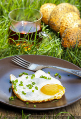 Breakfast on the grass. Fried egg on brown plate