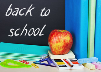 school supplies and a blackboard with text