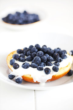 English Muffin With Cream, And Fresh Blueberries, Breakfast