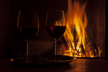 delicious wine at fireplace natural firelight only