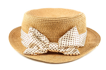 vintage summer hat with ribbon on white background