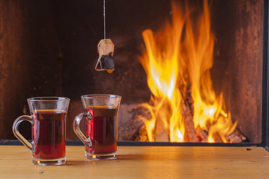 healthy tea at fireplace