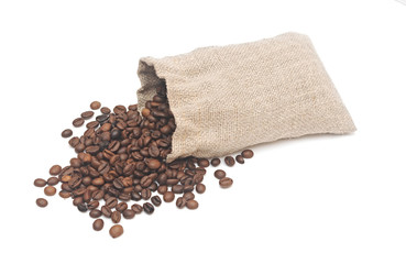 coffee beans and burlap sack isolated on white