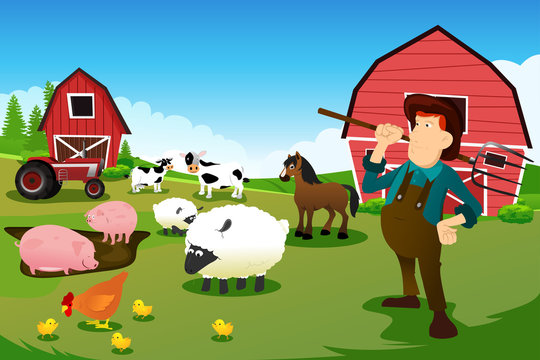 Farmer and tractor in a farm with farm animals and barn
