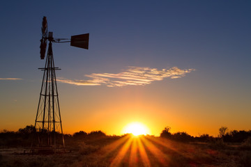 Obraz premium Piękny zachód słońca w Kalahari z wiatrakiem i trawą