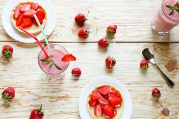 strawberry milkshake and tartlets, top view