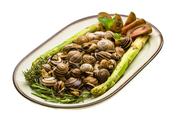 Escargot with asparagus, rosemary, thymus and tomato