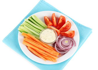 Assorted raw vegetables sticks in plate isolated on white