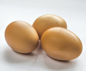 three eggs isolated on white background with warm shadow