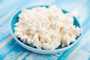 Fresh cottage cheese in a saucer, horizontal shot