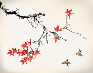 ink style maple leaves