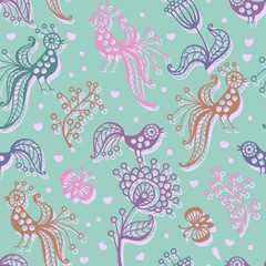 Cute seamless pattern with birds, butterflies and flowers