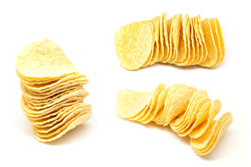 Stack of potato chips on a white