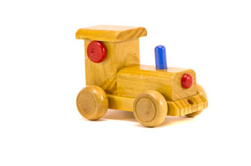 child wooden car toy isolated on white