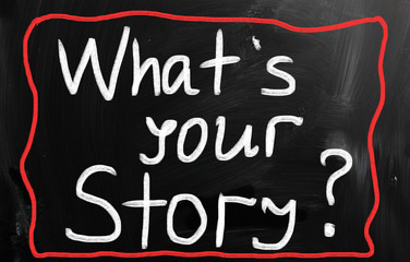 Obraz premium „Jaka jest twoja historia” napisane odręcznie białą kredą na czarnym dziale