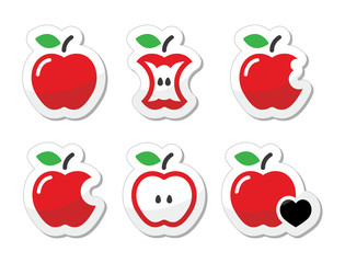 Apple, apple core, bitten, half vector labels set