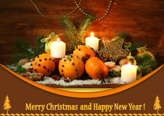 Fototapeta na wymiar Christmas composition with oranges and fir tree,