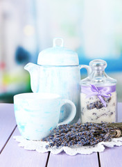 Jar of lavender sugar and fresh lavender flowers