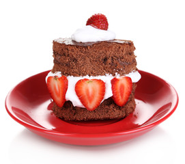 Chocolate cake with strawberry isolated on white