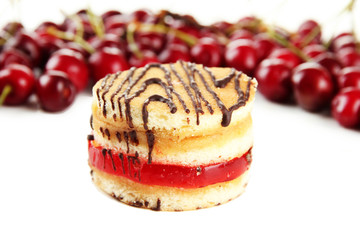 Tasty biscuit cake and berries isolated on white