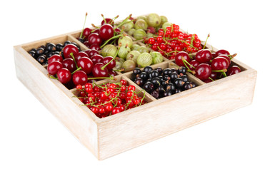 Different summer berries in wooden crate isolated on white