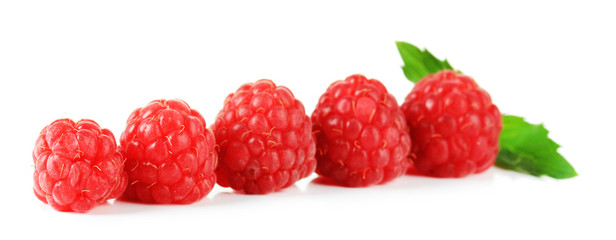 Ripe sweet raspberries isolated on white