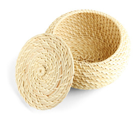 Wicker basket with cover, isolated on white