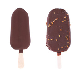 Two chocolate-coated blocks of ice cream on stick. - obrazy, fototapety, plakaty