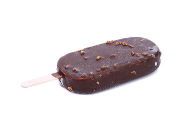 Chocolate-coated blocks of ice cream on stick.