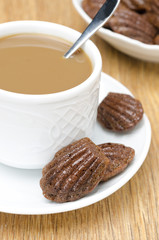 chocolate cookies madeleine and a cup of coffee with milk, close