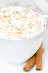 cup of cocoa with cinnamon and whipped cream close-up