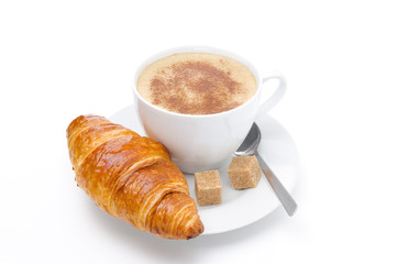 fresh croissant and cup of cappuccino with brown sugar isolated