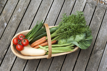 Fresh garden vegetables in a wooden trug