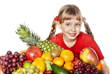 Fototapeta na wymiar Child with group fruit and vegetable.