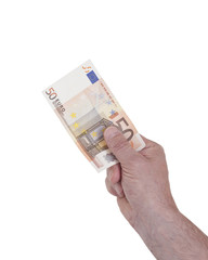 50-Euro-Schein in der hand, isoliert auf weis