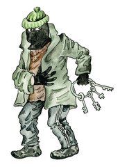 Cartoon thief under the mask with skeleton key
