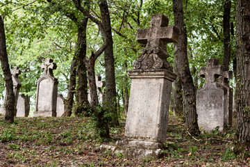 Weathered tombstones in an old cemetery