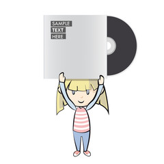 Kid holding a cd on white background. Vector design.