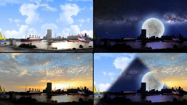 ships from different kind in waterfront in four screens