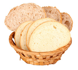 delicious sliced ​ bread in wicker basket isolated on white