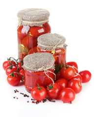 Tasty canned and fresh tomatoes, isolated on white