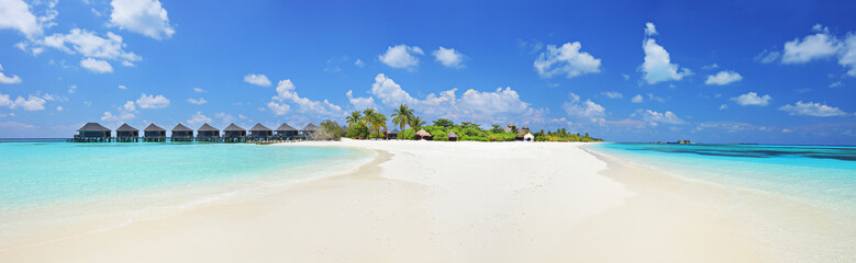 Panorama shot of a tropical islandl, Maldives on a sunny day