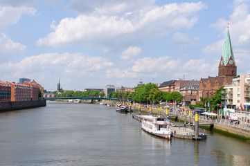 Cityscape along the Weser river in Bremen, Germany