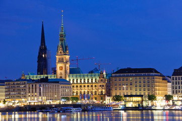 Old city of Hamburg and the Alster at dusk